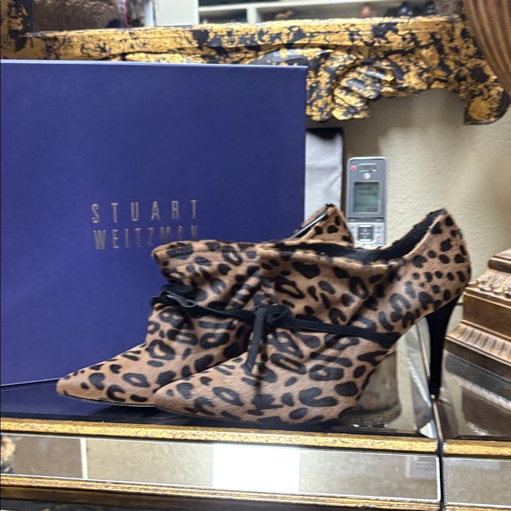 Stuart Weitzman Animal Print Stilettos with Black Bow Serval Hair. New-No Tag